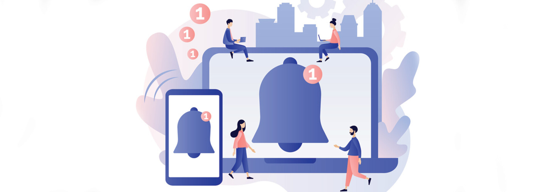 large illustrated screens with notification bells surrounded by 4 tiny people