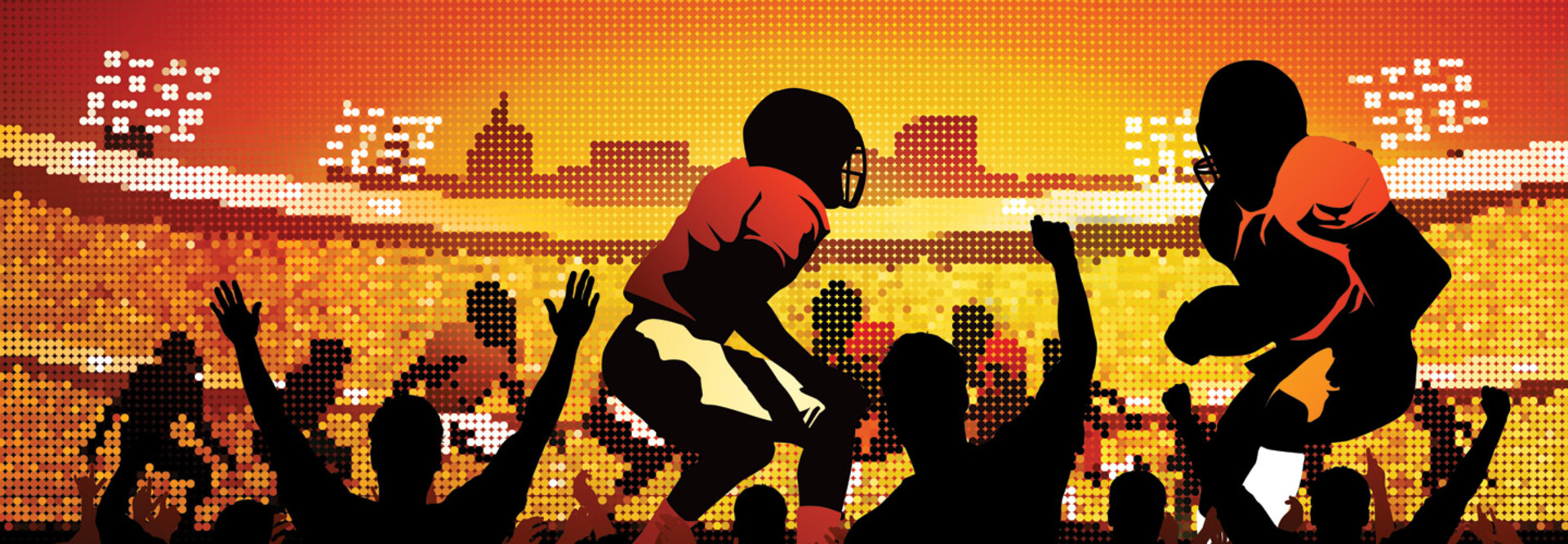 Illustration of people cheering in front of giant screen showing school football game
