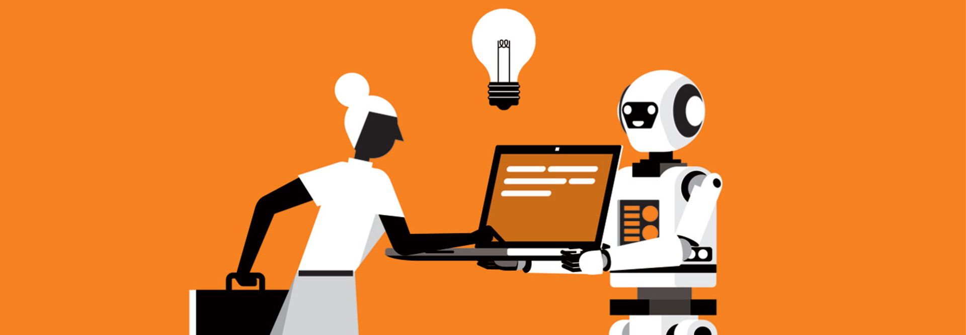 Illustration in black, white and orange of person using AI-powered laptop held by a robot