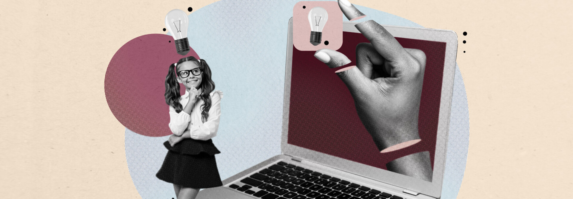Collage with K12 student thinking next to large laptop computer