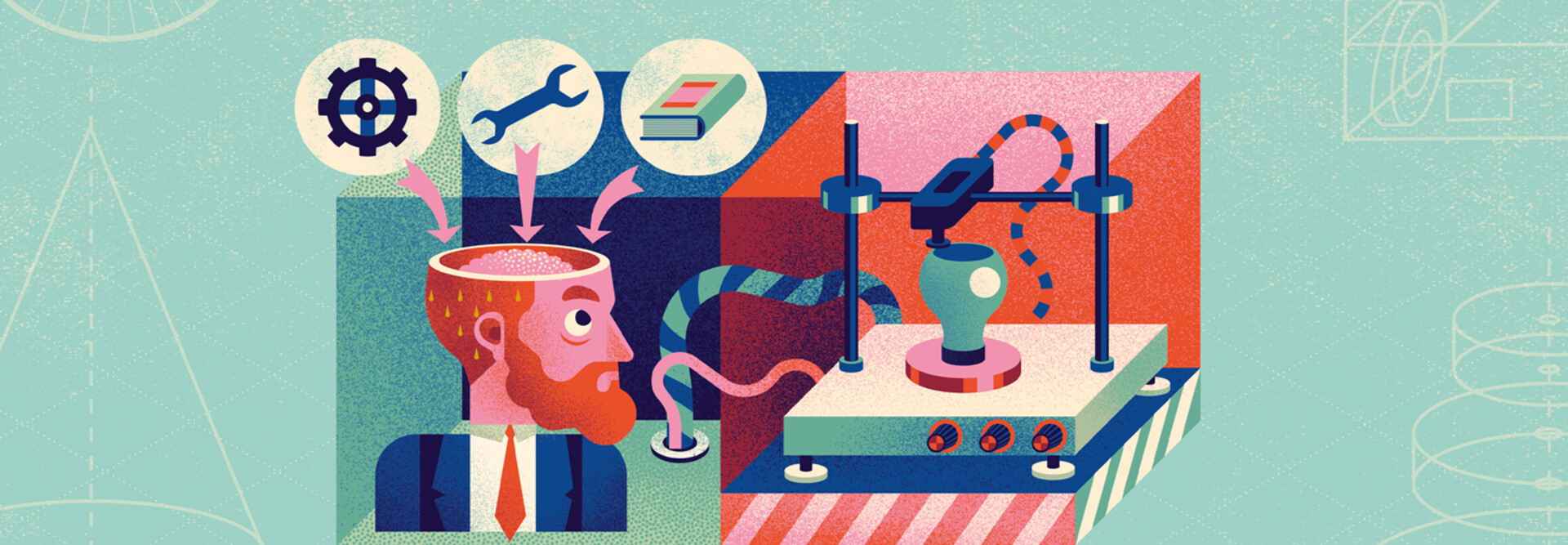 Illusration showing many components of a makerspace thought process and a 3D printer