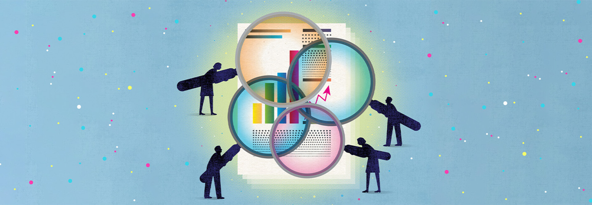 Illustration of magnifying glass looking at report card