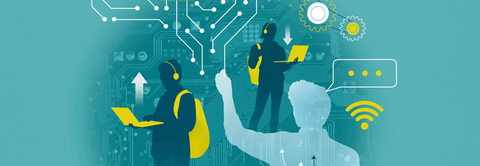 Illustration of students using tech