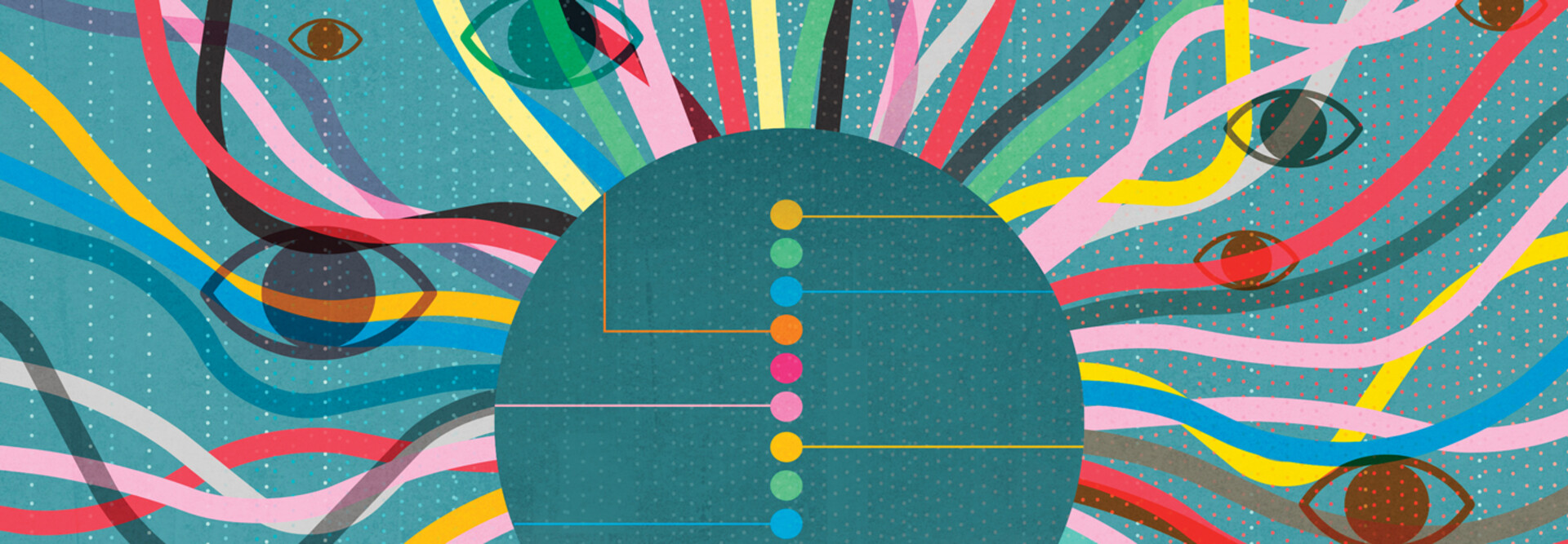Colorful abstract image with eyes and computer nodes