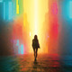 Illustration of a person walking through a city at night