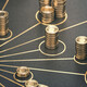 Chess piece surrounded by stacks of gold coins