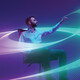 Person surrounded by a flowing digital wave