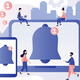 large illustrated screens with notification bells surrounded by 4 tiny people