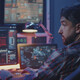 Security alerts appearing on multiple screens while man watches