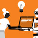 Illustration in black, white and orange of person using AI-powered laptop held by a robot