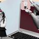 Collage with K12 student thinking next to large laptop computer