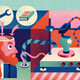 Illusration showing many components of a makerspace thought process and a 3D printer