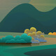 Digital drawing of bluffs with mountains in the distance