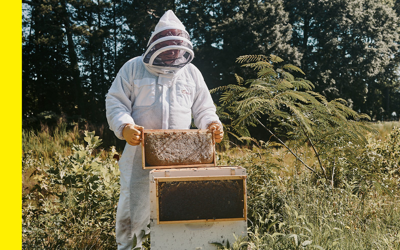Bob Kuhn in beekeeping suit with beehive frame