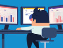 illustration of man sitting in front of computer screen analyzing data