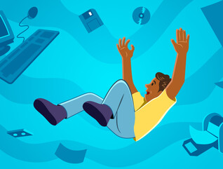 Teacher falling surrounded by legacy tech illustration