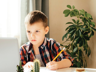 K-12 student taking notes with pencil and laptop