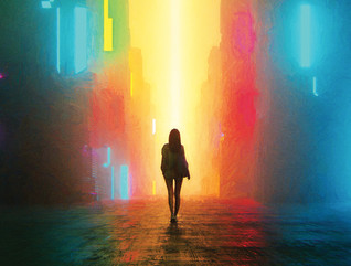 Illustration of a person walking through a city at night