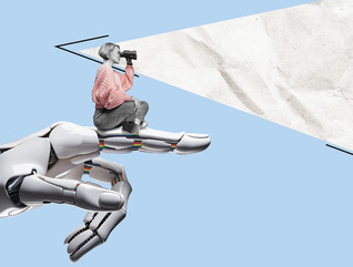 Illustration of woman sitting on robot hand and peering through binoculars