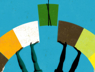 Abstract of people lifting multi-colored blocks
