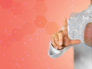 Man with honeypot and digital artwork on peach-colored background