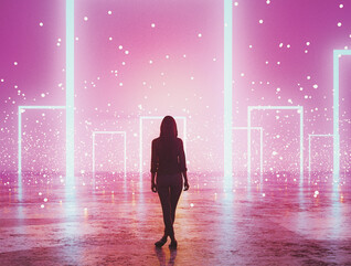 Figure standing in front of glowing portals