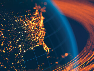Globe with lights and lines over the united states to show connectivity
