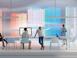 people in a room surrounded by digital and colorful rectangles to represent AI agents among data