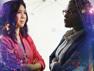 Image shows two women looking at each other with their arms crossed and a cityscape behind them