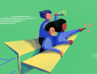 Illustration of students riding on a paper airplane