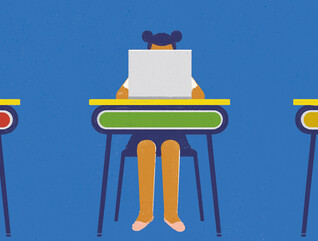 illustration of students working on laptops at school desks