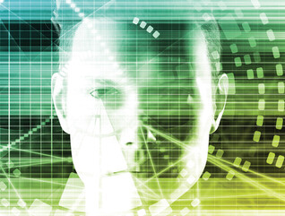 Portrait of person obscured by technology overlay to symbolize cybersecurity and physical security