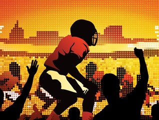 Illustration of people cheering in front of giant screen showing school football game
