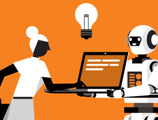 Illustration in black, white and orange of person using AI-powered laptop held by a robot