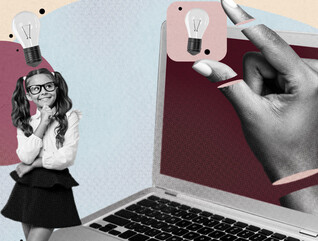 Collage with K12 student thinking next to large laptop computer
