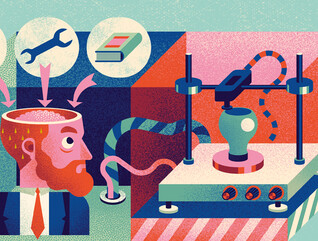Illusration showing many components of a makerspace thought process and a 3D printer