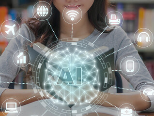 AI and reading concept with a background of a student in a library reading.