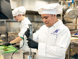 Working in restaurant kitchen