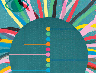 Colorful abstract image with eyes and computer nodes