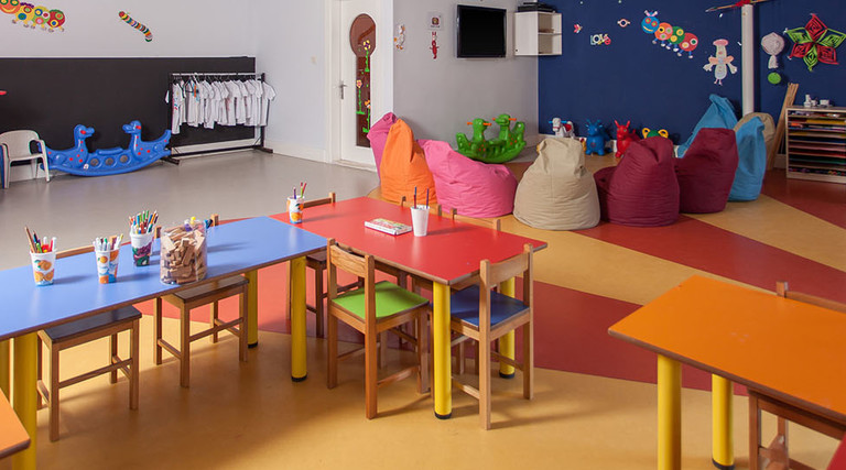 Interior of preschool kindergarten. Flexible learning classroom.