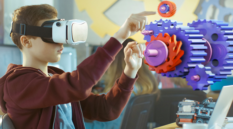 Student uses augmented reality platforms and vr education apps to learn coding.