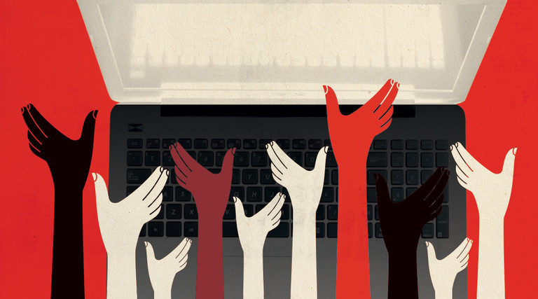 Illustration of hands holding up laptop