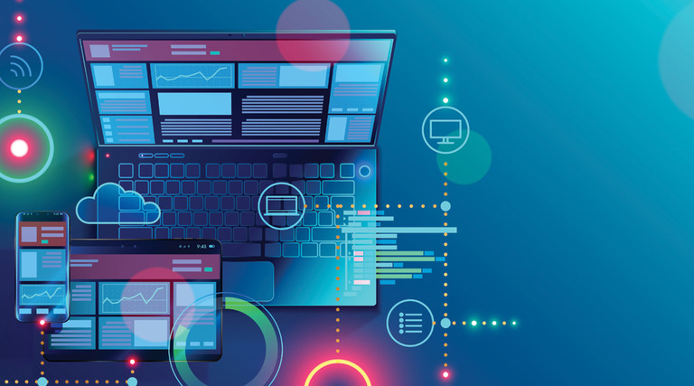 Illustration of computer and tablet with glowing symbols cybersecurity