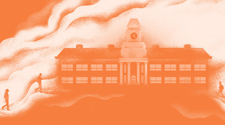 Illustration of a school surrounded by smoke