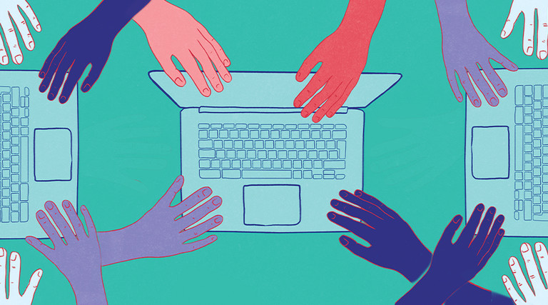 Illustration of many hands reaching in to touch laptops