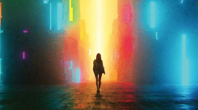 Illustration of a person walking through a city at night