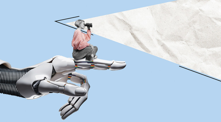 Illustration of woman sitting on robot hand and peering through binoculars