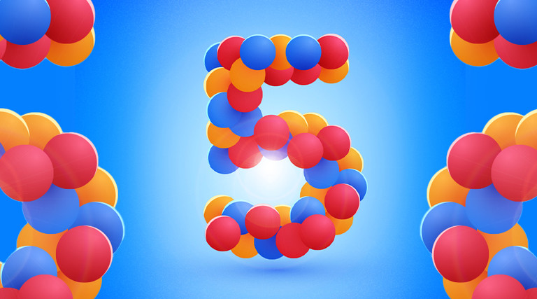 numeral 5 made of balloons in primary colors