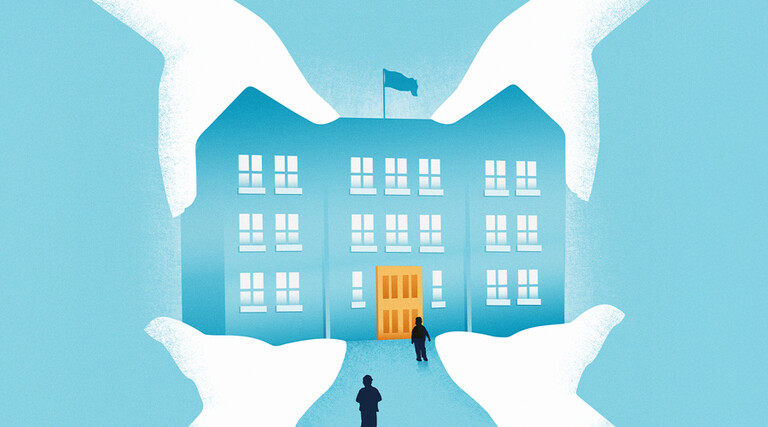 Illustration of four hands holding a school building