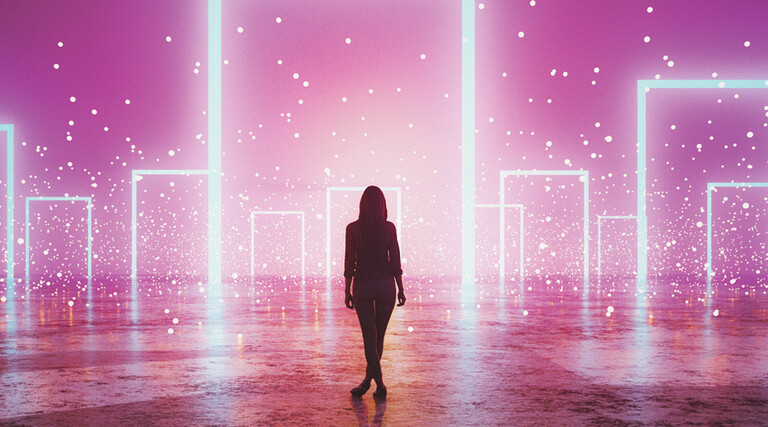 Figure standing in front of glowing portals